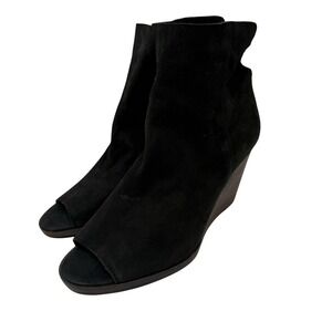 Lucky Brand Urbi Wedge Booties Women 9.5 Black Suede Peep Toe Rear Zip